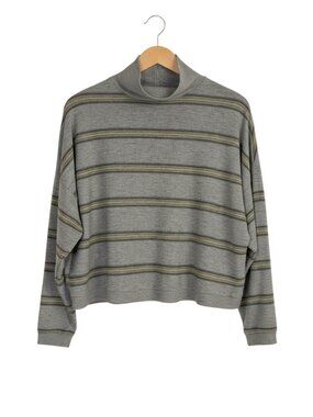 Lucky Brand Mockneck Sweater Boxy Oversized Knit Top Gray Stripe S
